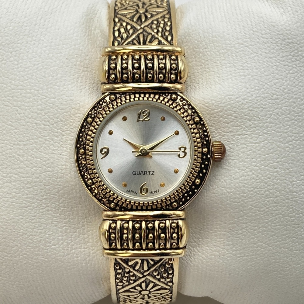 Accutime Women's Watch Gold Tone Floral Cuff 23mm Textured New Battery SMALL 6"